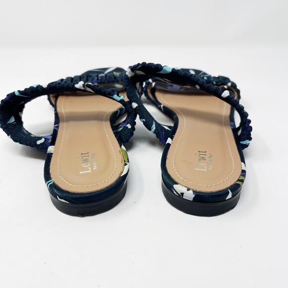 Lewit Size 36.5 Navy Blue Elena Floral Square Toe Sandals Satin Slide Ruched 6.5 - Picture 10 of 13